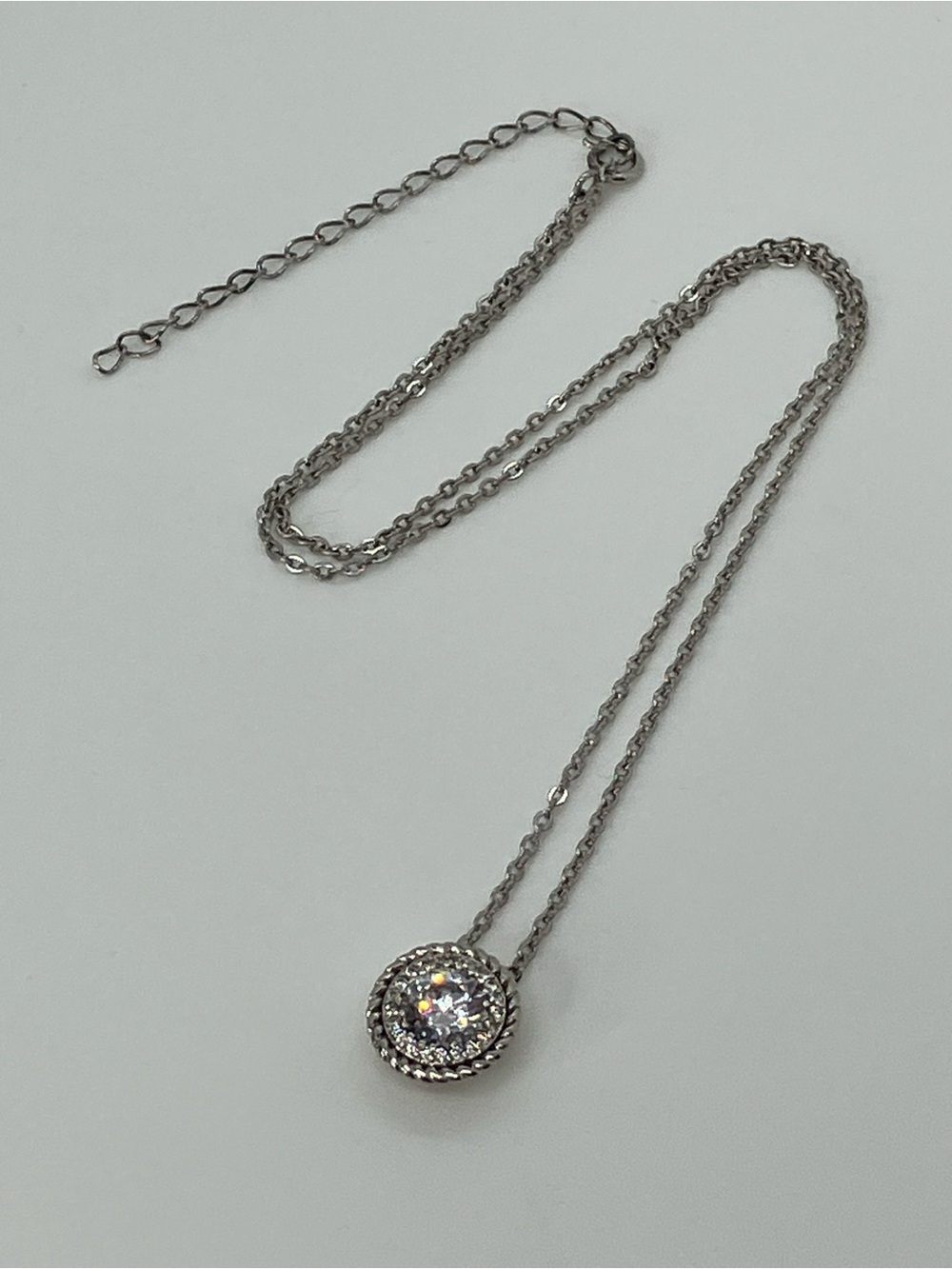 Vtg 925 Sterling Silver Dainty Solitaire CZ Twisted Cable Pendant Necklace